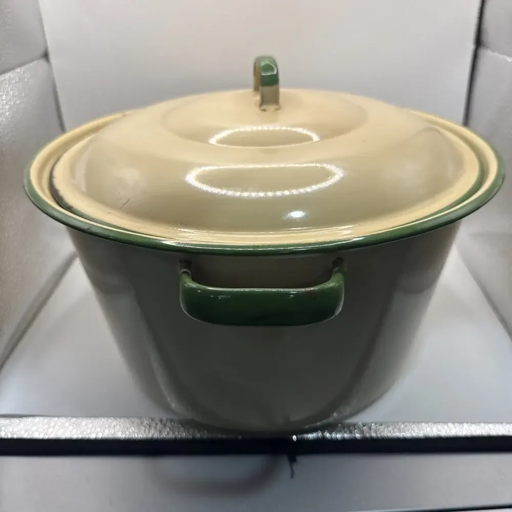 Vintage Cream And Green Enamel Cast-Iron Dutch Oven With Lid